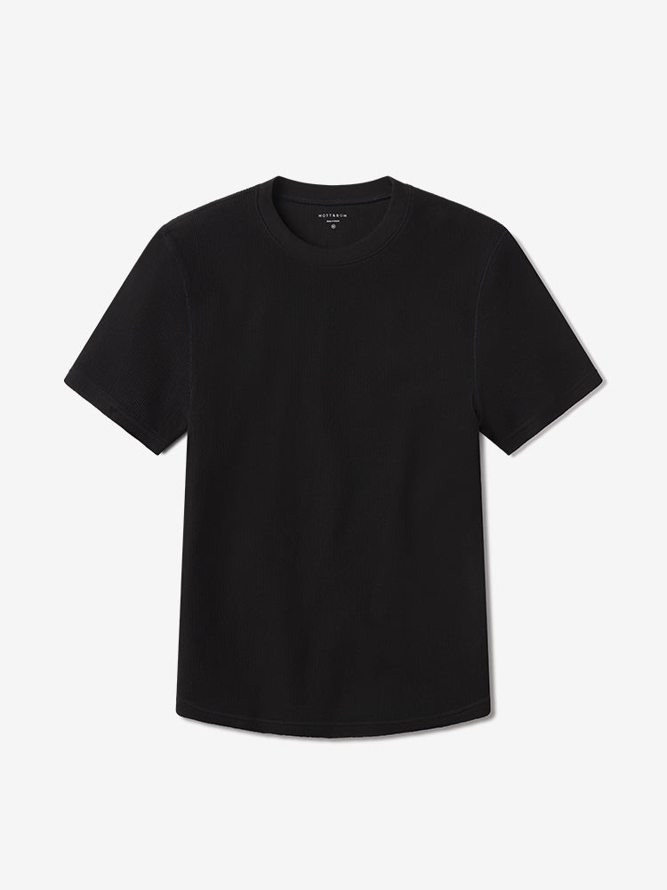 Men wearing Black Cotton Waffle Curved Hem Crew