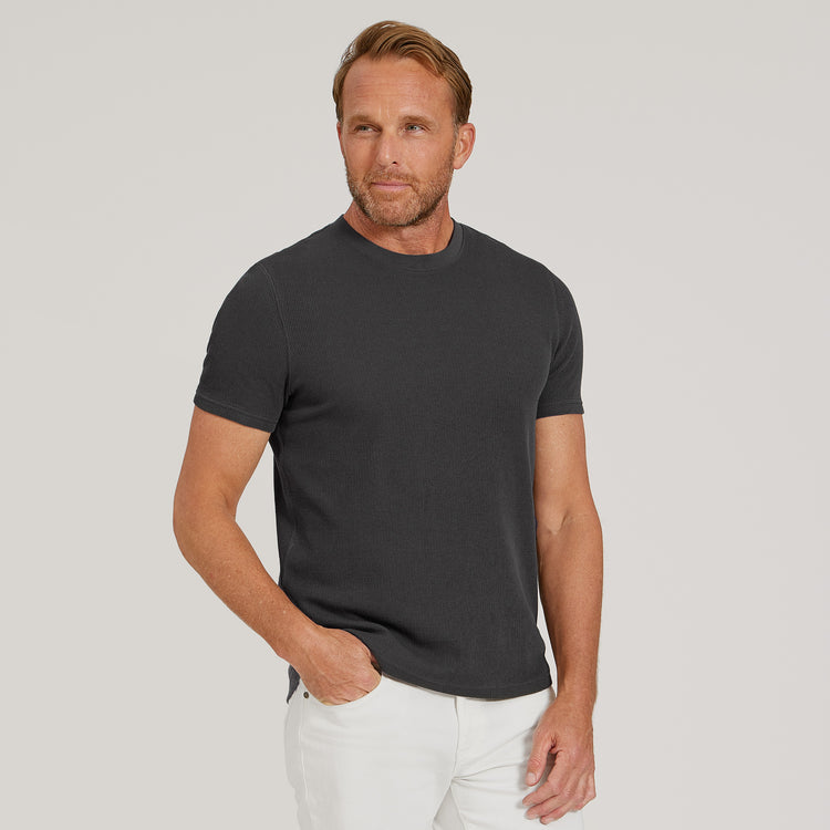 Men wearing Dark Gray Cotton Waffle Curved Hem Crew