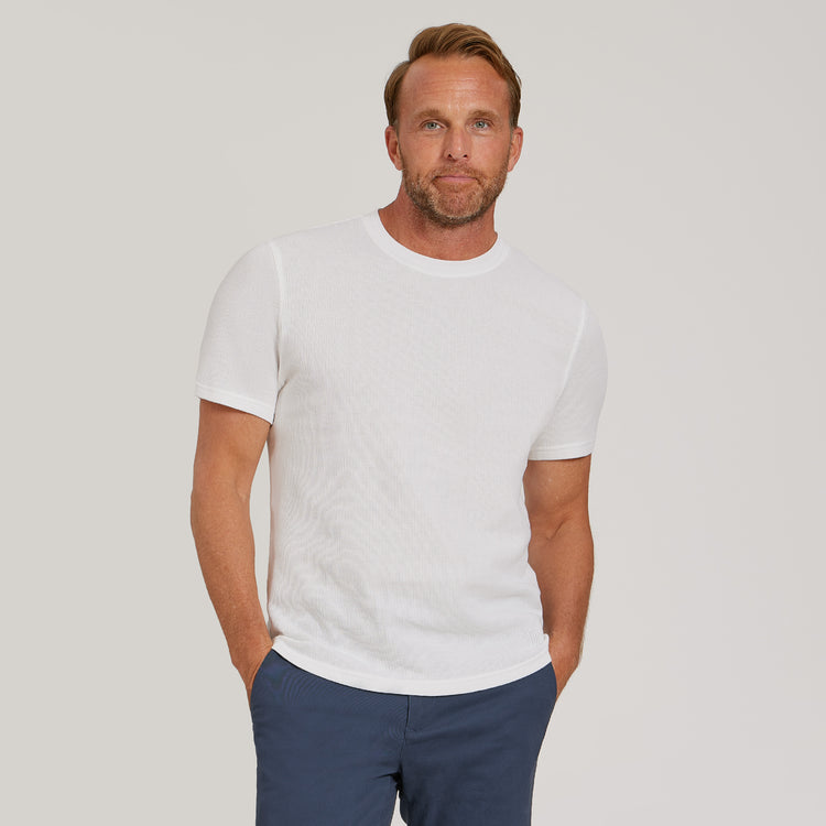 Men wearing White Cotton Waffle Curved Hem Crew