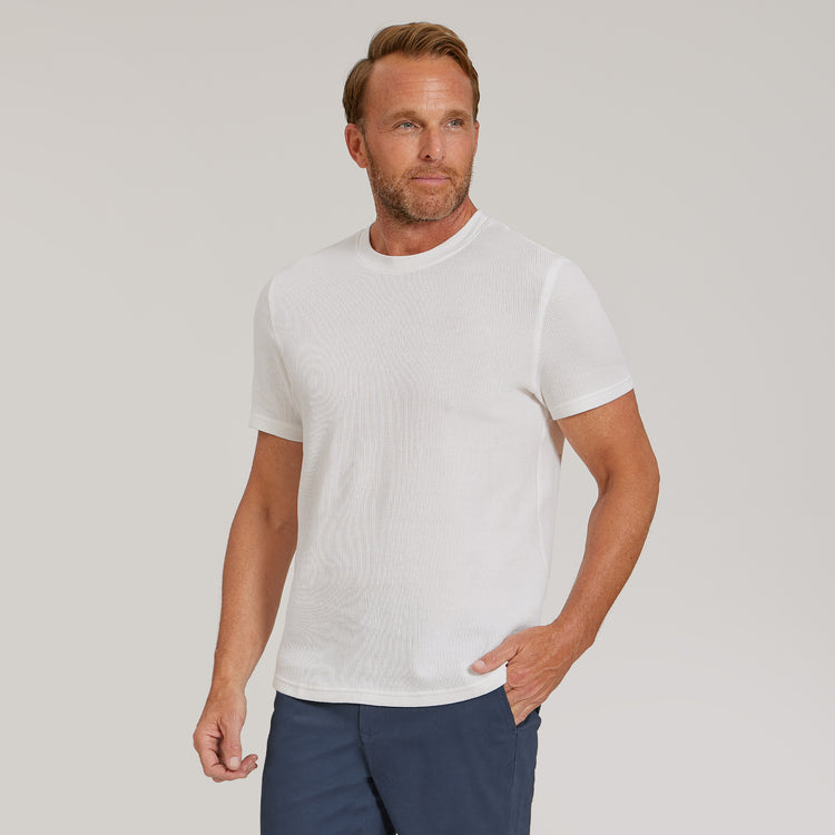 Men wearing White Cotton Waffle Curved Hem Crew