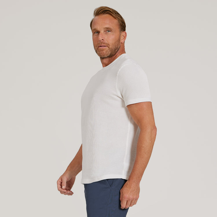 Men wearing White Cotton Waffle Curved Hem Crew