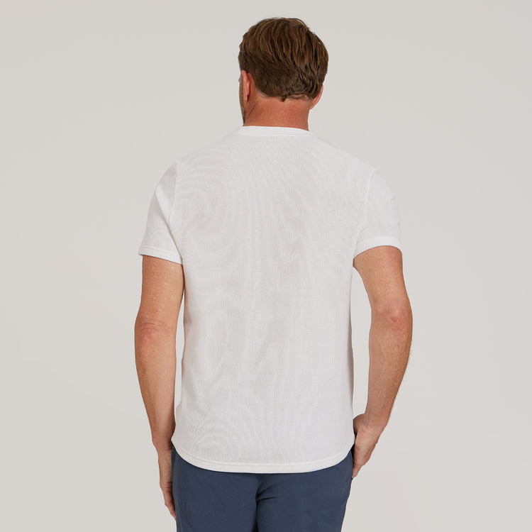 Men wearing White Cotton Waffle Curved Hem Crew