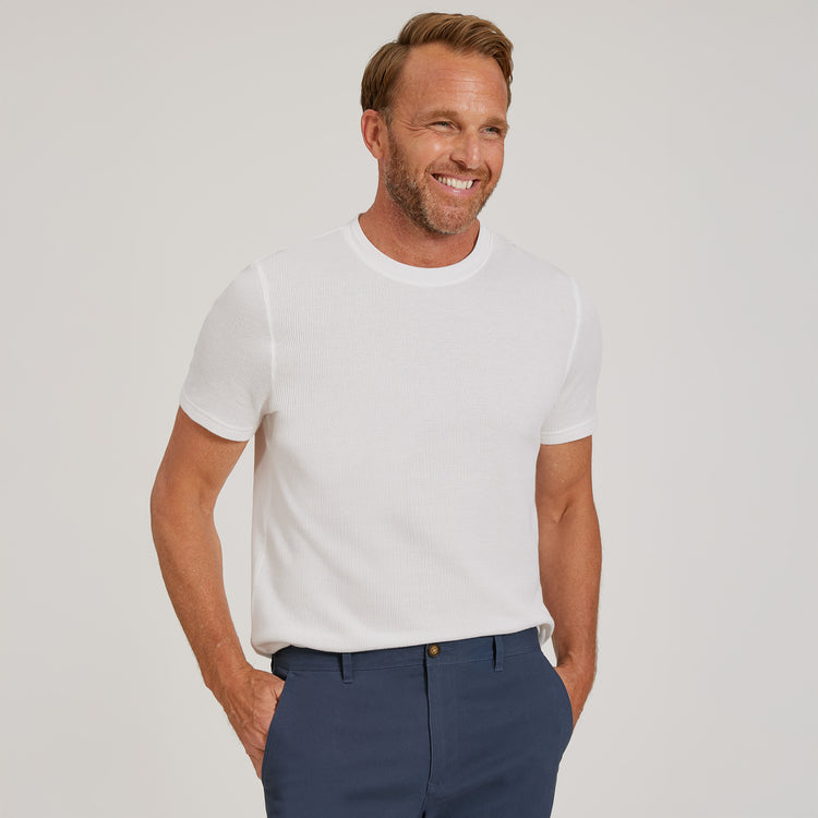 Men wearing White Cotton Waffle Curved Hem Crew