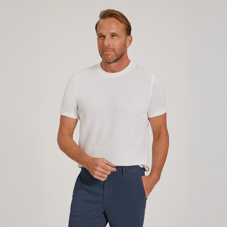 Men wearing White Cotton Waffle Curved Hem Crew