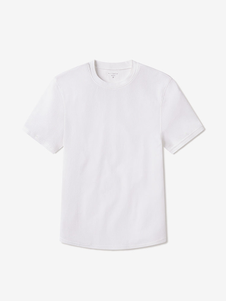 Men wearing White Cotton Waffle Curved Hem Crew