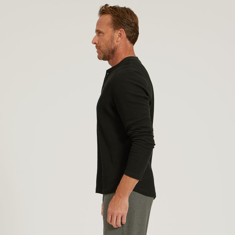 Men wearing Black Cotton Waffle Curved Hem Henley