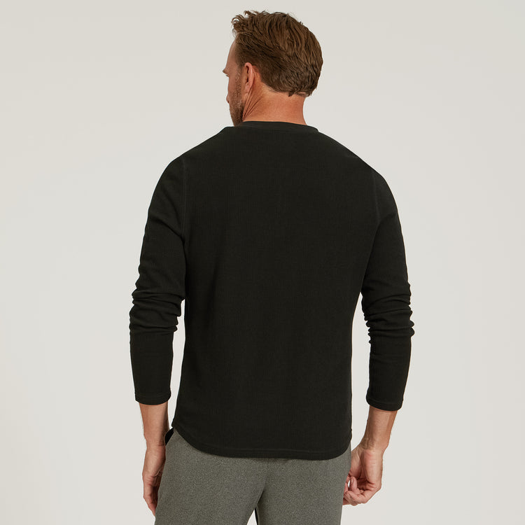 Men wearing Black Cotton Waffle Curved Hem Henley