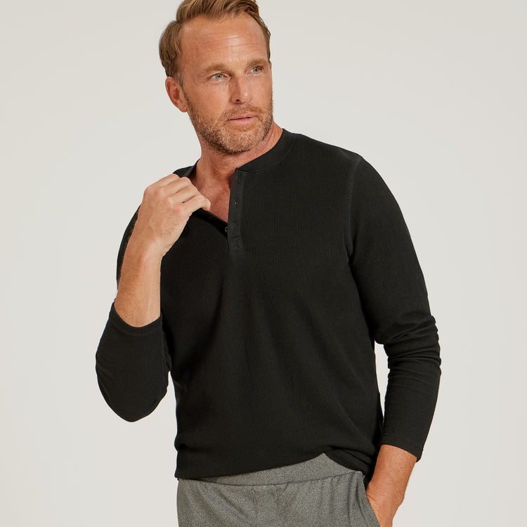 Men wearing Black Cotton Waffle Curved Hem Henley