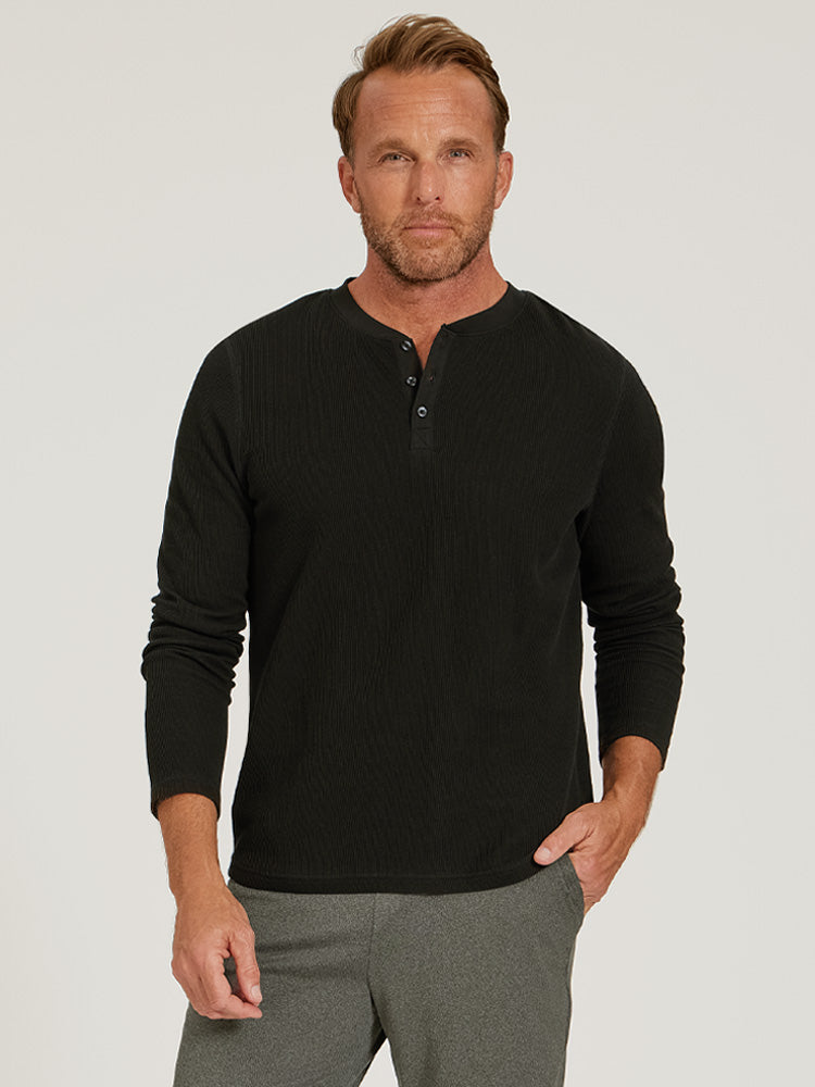 Men wearing Black Cotton Waffle Curved Hem Henley