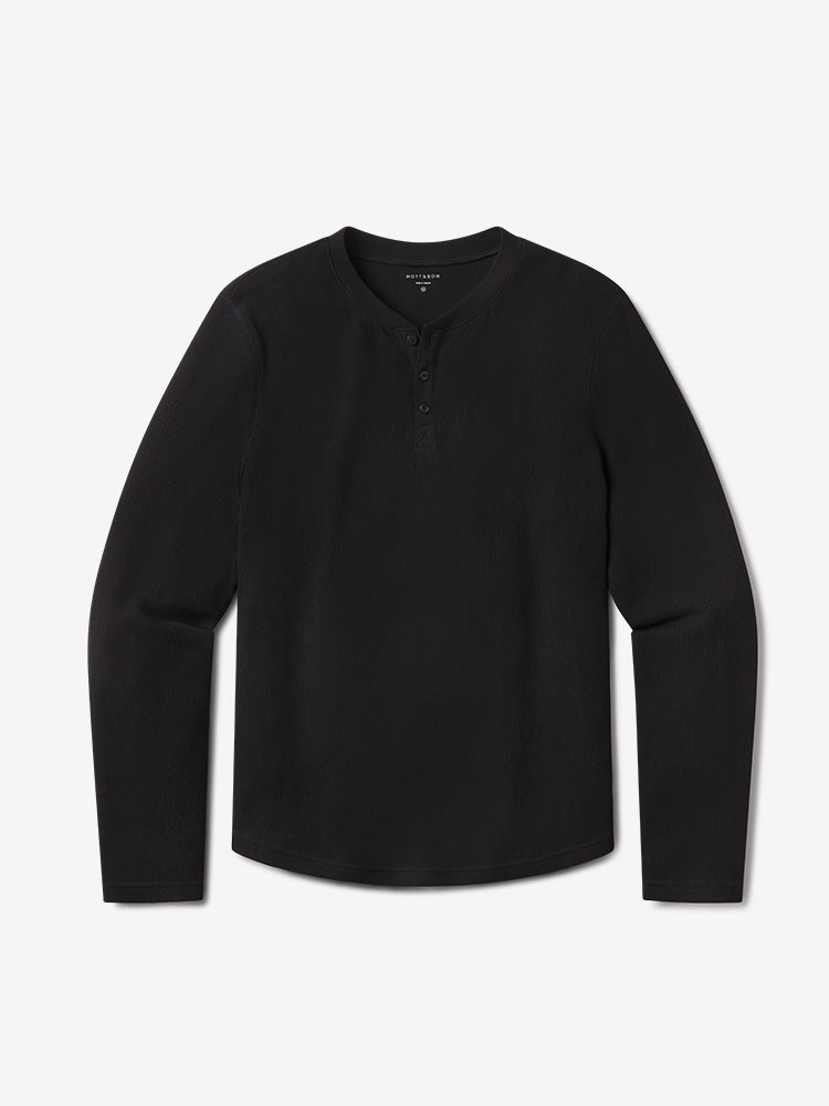 Men wearing Black Cotton Waffle Curved Hem Henley
