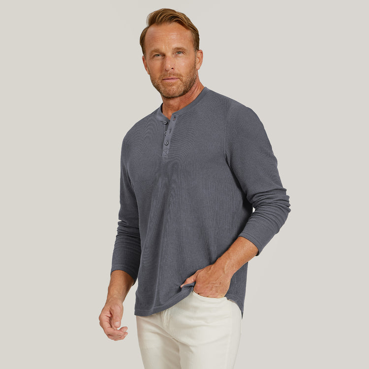 Men wearing Blue Ink Cotton Waffle Curved Hem Henley