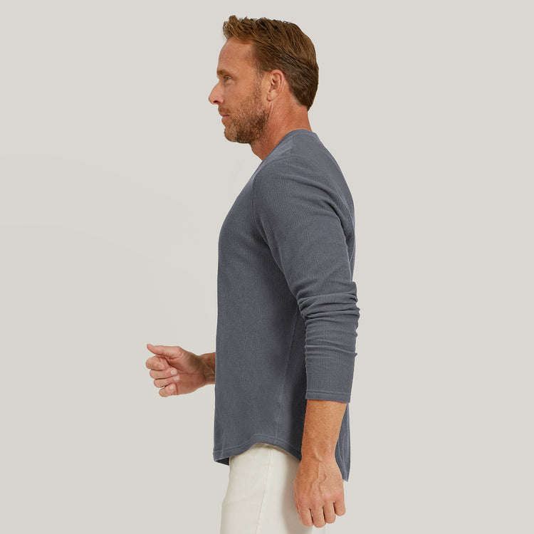 Men wearing Blue Ink Cotton Waffle Curved Hem Henley