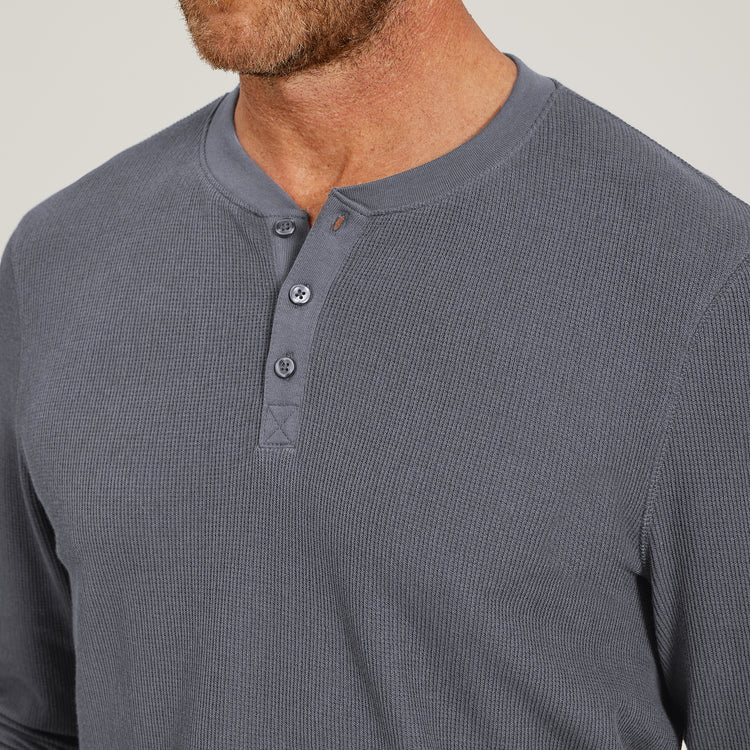Men wearing Blue Ink Cotton Waffle Curved Hem Henley