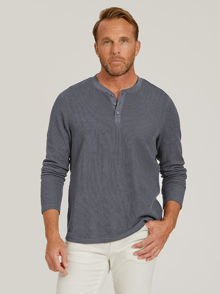 Men wearing Blue Ink Cotton Waffle Curved Hem Henley