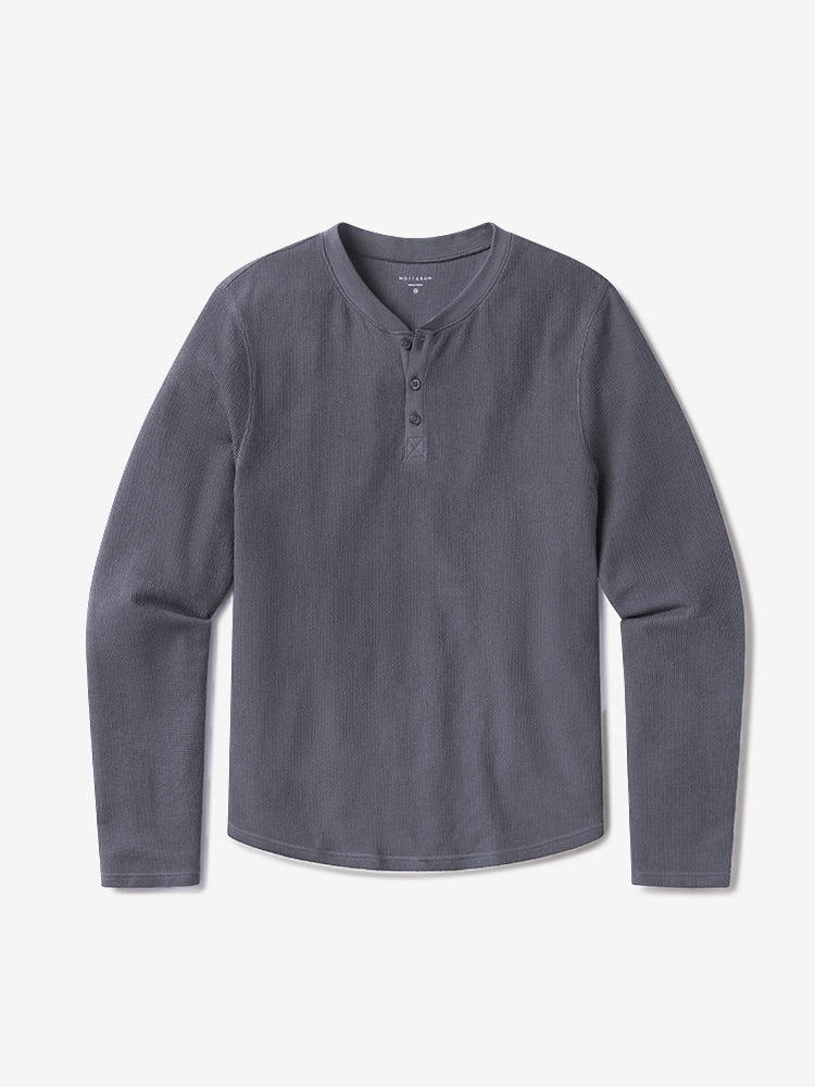 Men wearing Blue Ink Cotton Waffle Curved Hem Henley