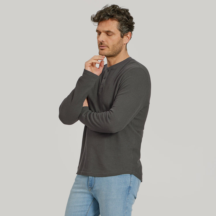 Men wearing Dark Gray Cotton Waffle Curved Hem Henley