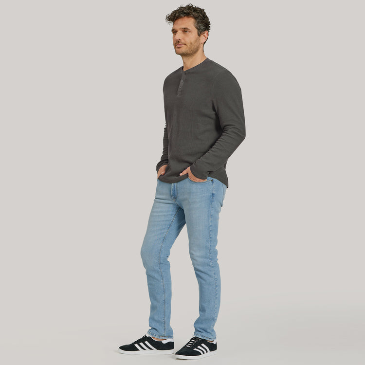 Men wearing Dark Gray Cotton Waffle Curved Hem Henley