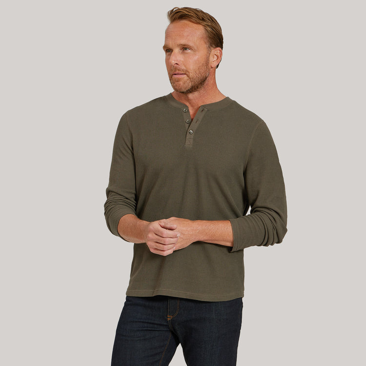 Men wearing Dark Moss Cotton Waffle Curved Hem Henley