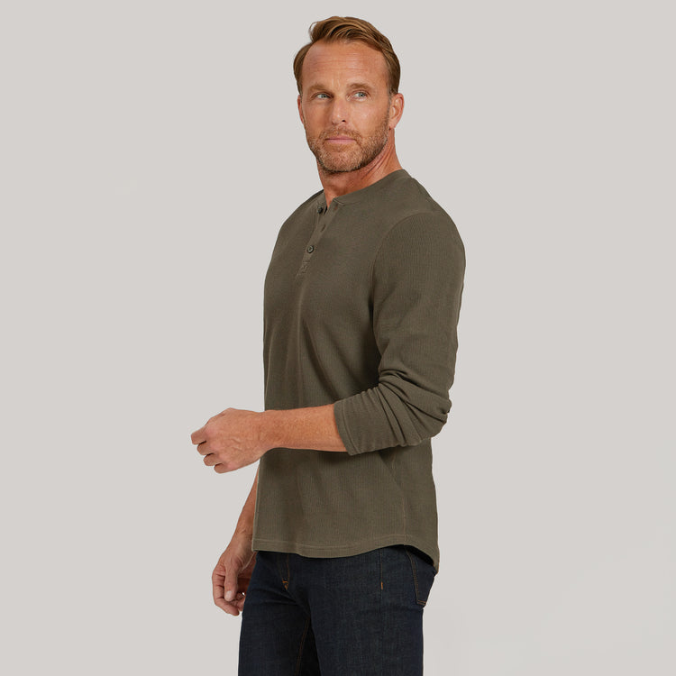 Men wearing Dark Moss Cotton Waffle Curved Hem Henley