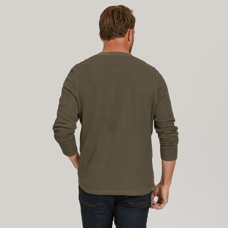 Men wearing Dark Moss Cotton Waffle Curved Hem Henley
