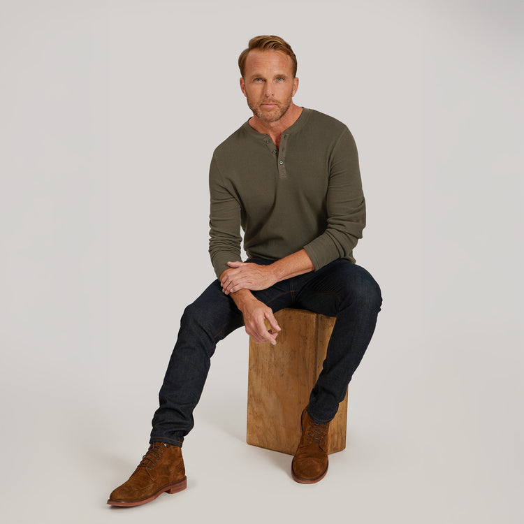 Men wearing Dark Moss Cotton Waffle Curved Hem Henley