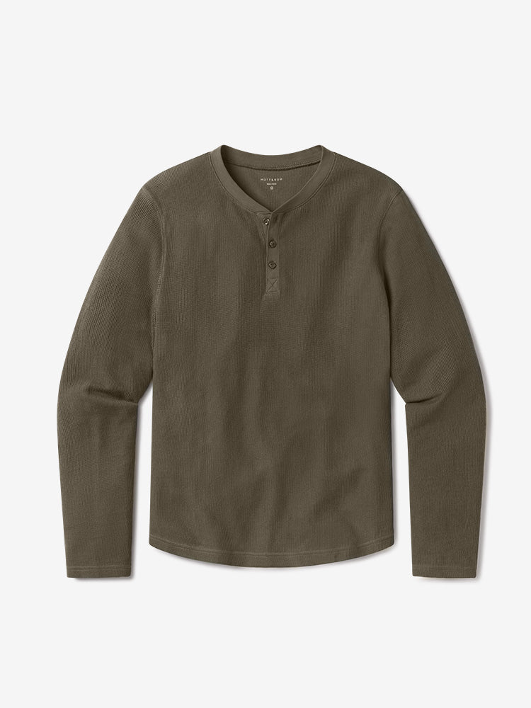 Men wearing Dark Moss Cotton Waffle Curved Hem Henley