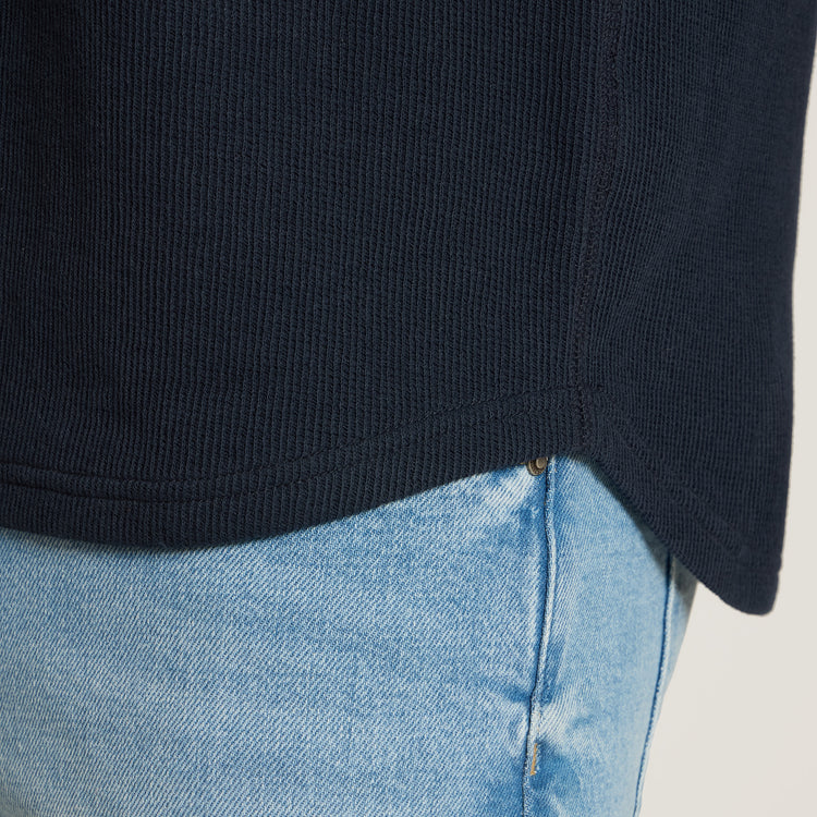 Men wearing Navy Cotton Waffle Curved Hem Henley