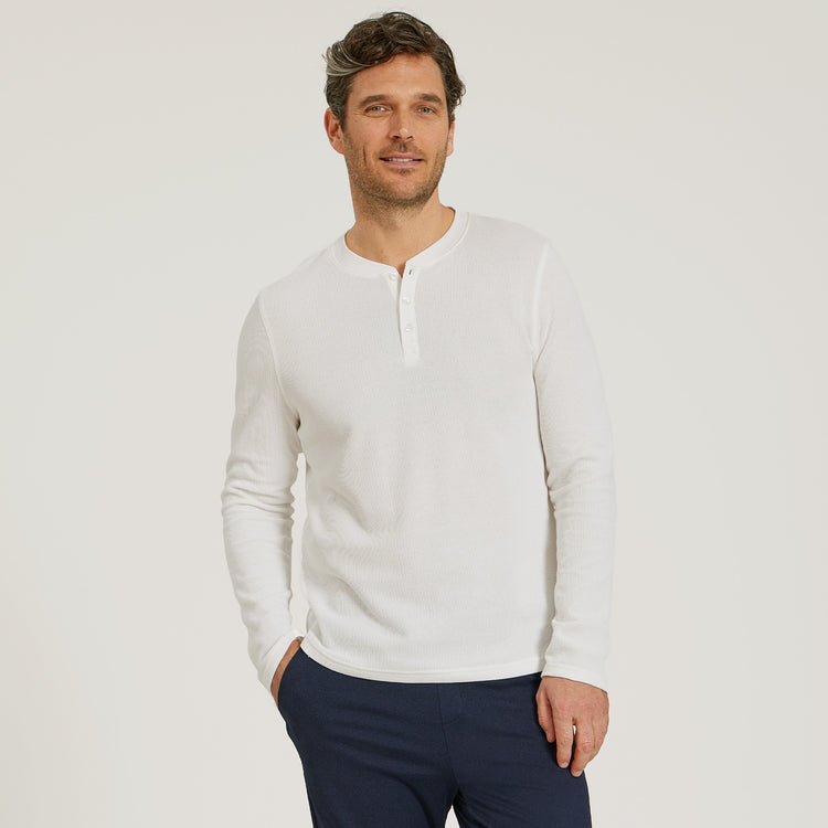 Men wearing White Cotton Waffle Curved Hem Henley