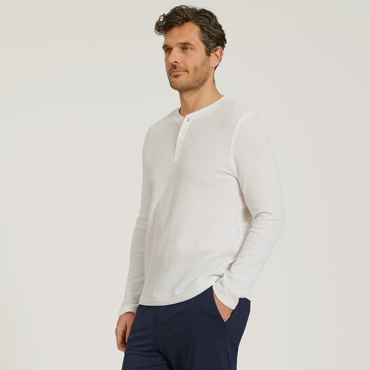 Men wearing White Cotton Waffle Curved Hem Henley