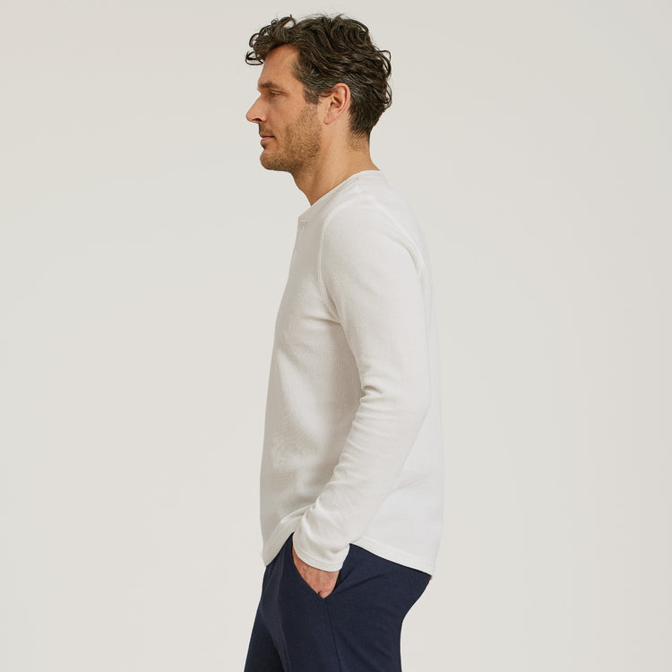 Men wearing White Cotton Waffle Curved Hem Henley