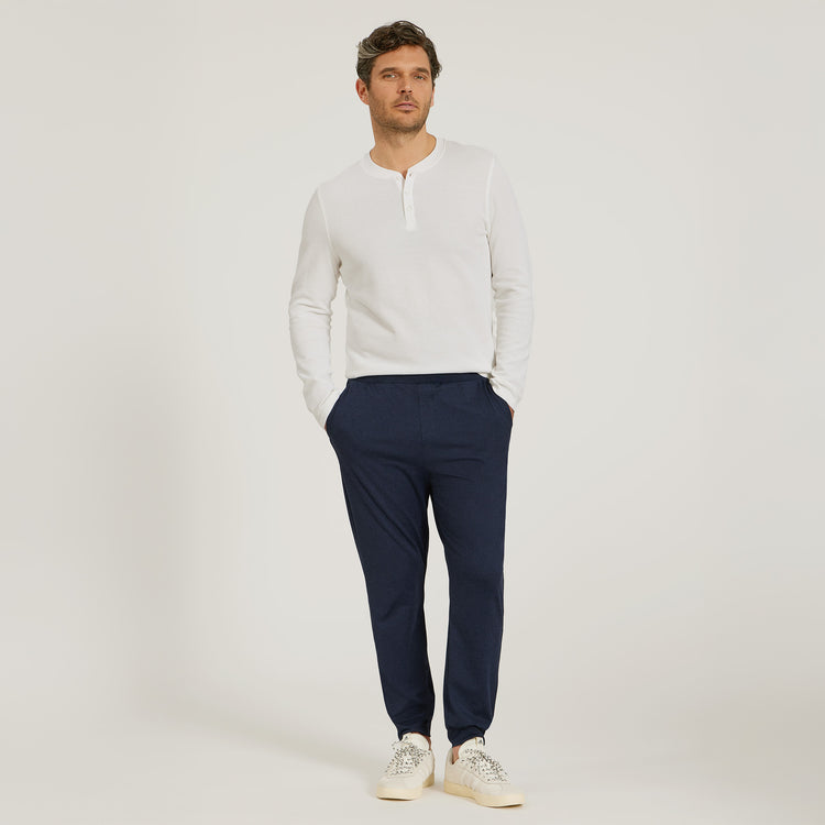 Men wearing White Cotton Waffle Curved Hem Henley