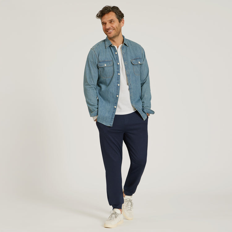 Men wearing White Cotton Waffle Curved Hem Henley