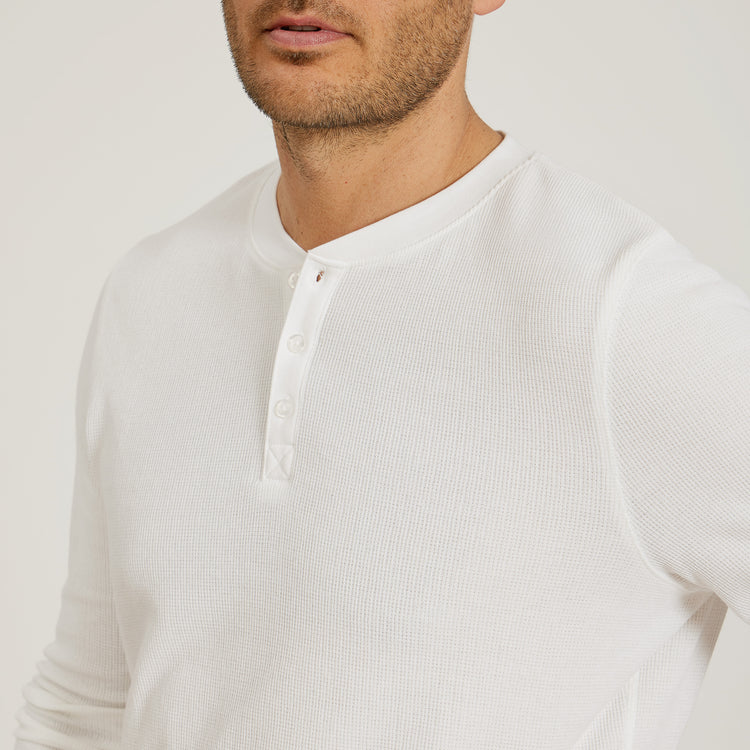 Men wearing White Cotton Waffle Curved Hem Henley