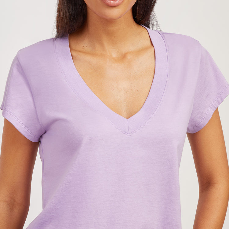 Women wearing Lila Cotton Boxy Deep V-Neck Tee