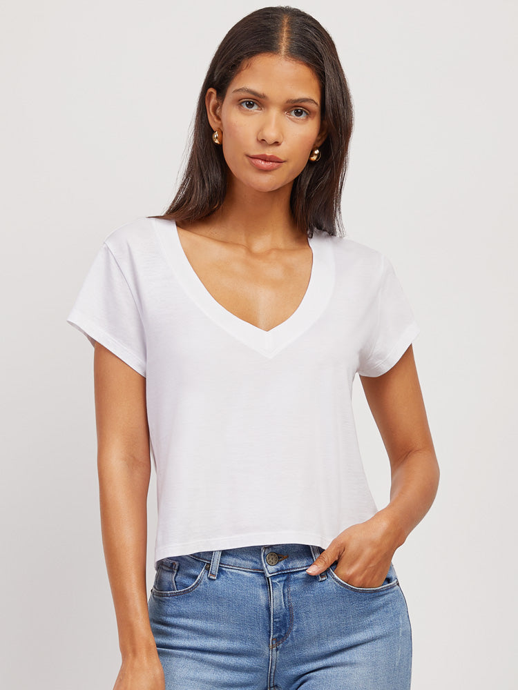 Women wearing White Everyday Cotton Deep V-Neck Tee