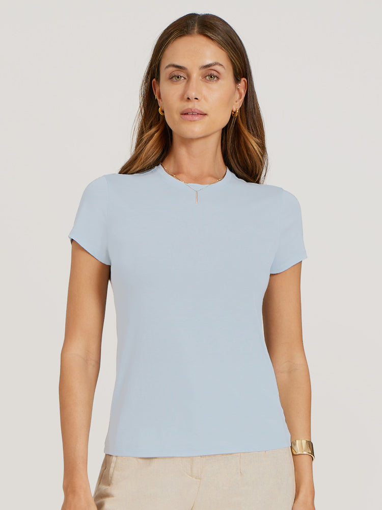 Women wearing Azul hielo Fitted Crew Marcy Tee