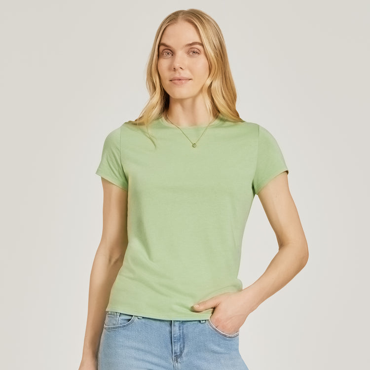 Women wearing Pistachio Fitted Crew Marcy Tee