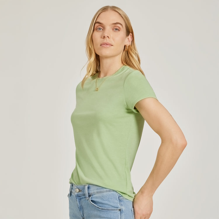Women wearing Pistachio Fitted Crew Marcy Tee