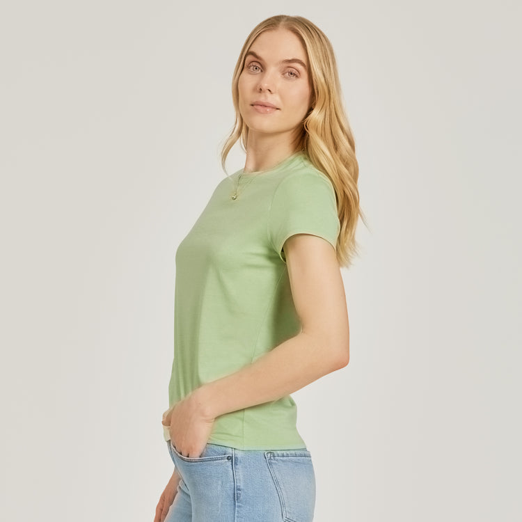 Women wearing Pistachio Fitted Crew Marcy Tee