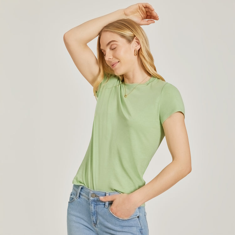 Women wearing Pistachio Fitted Crew Marcy Tee