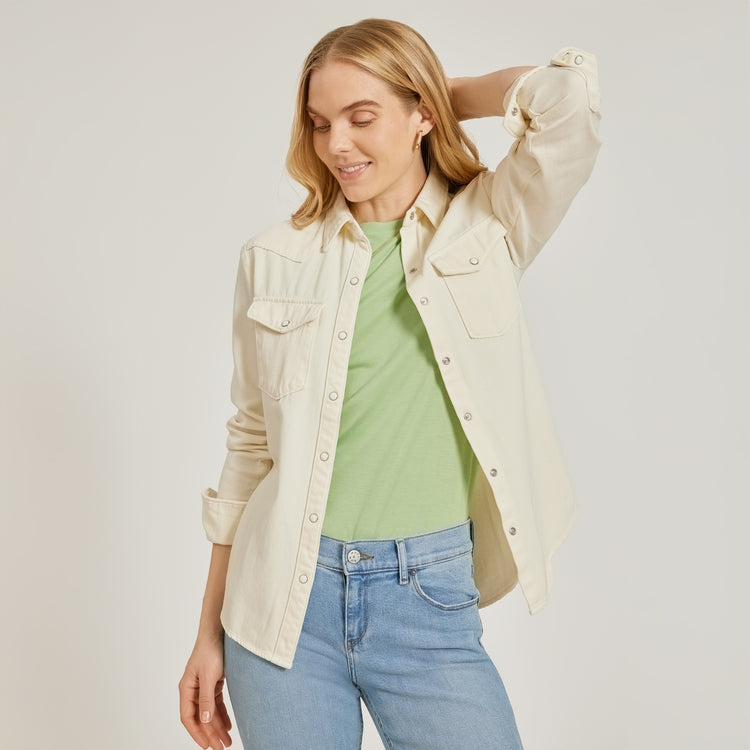 Women wearing Pistachio Fitted Crew Marcy Tee