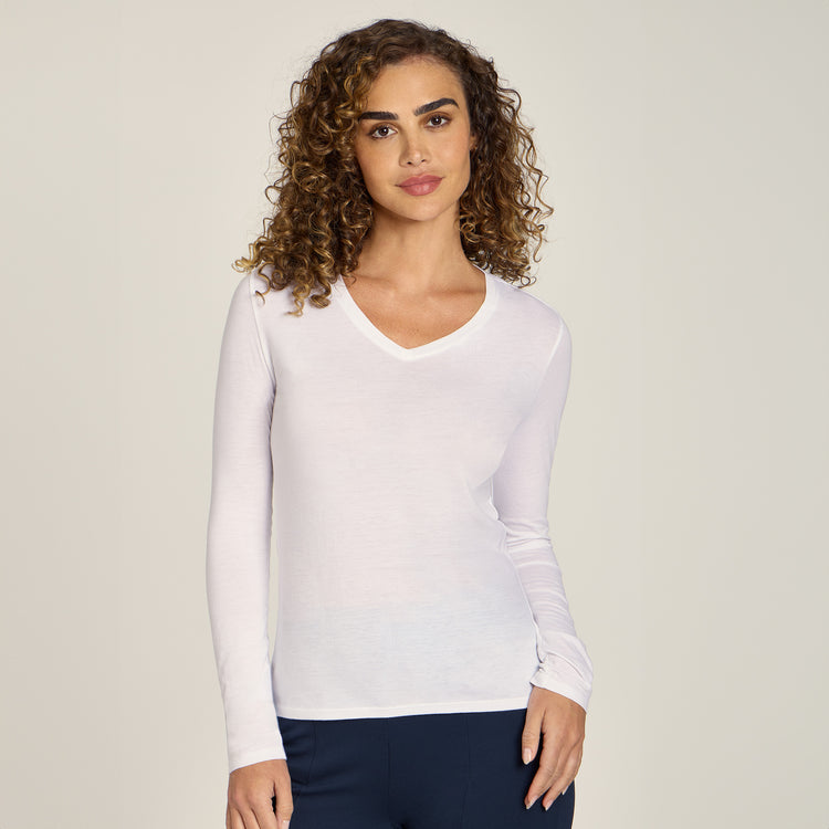 Women wearing White Long Sleeve V-Neck Tee Marcy