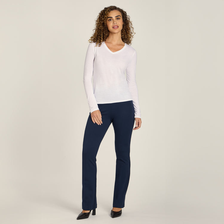 Women wearing White Long Sleeve V-Neck Tee Marcy