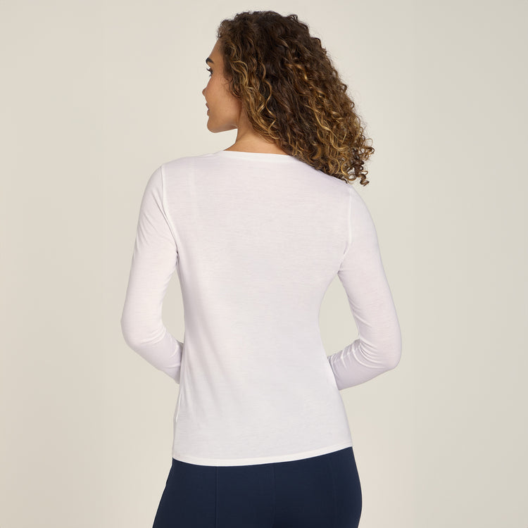 Women wearing White Long Sleeve V-Neck Tee Marcy