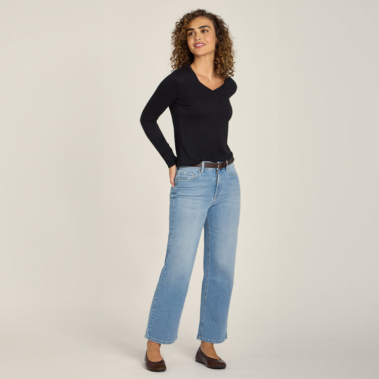 Women wearing Black Long Sleeve V-Neck Tee Marcy