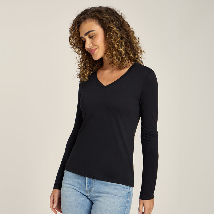 Women wearing Black Long Sleeve V-Neck Tee Marcy