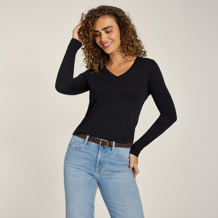 Women wearing Black Long Sleeve V-Neck Tee Marcy