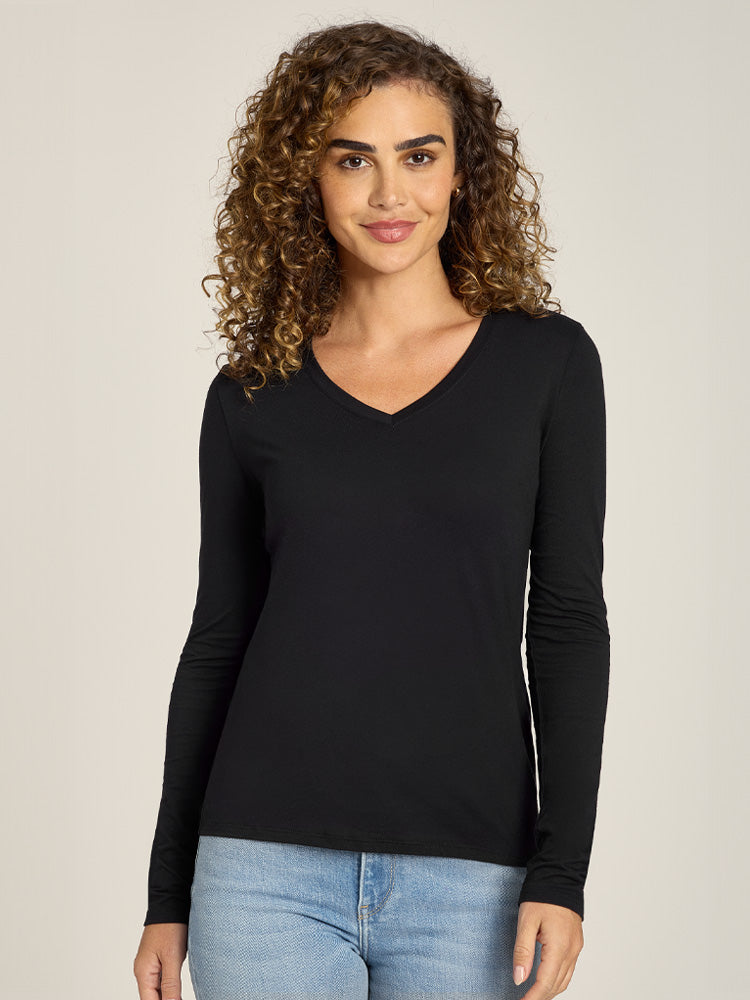 Women wearing Black Long Sleeve V-Neck Tee Marcy