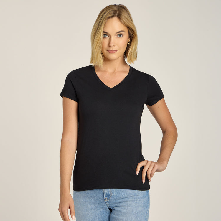 Women wearing Black Fitted V-Neck Marcy Tee