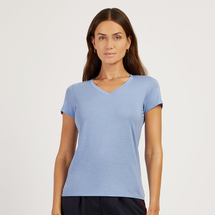 Women wearing Hortensia Fitted V-Neck Marcy Tee